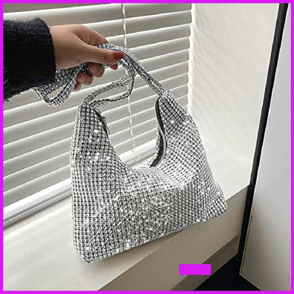 Shiny Silver Clutch Purse Elegant Glamorous Evening Bag Wedding Party - Picture 3 of 6